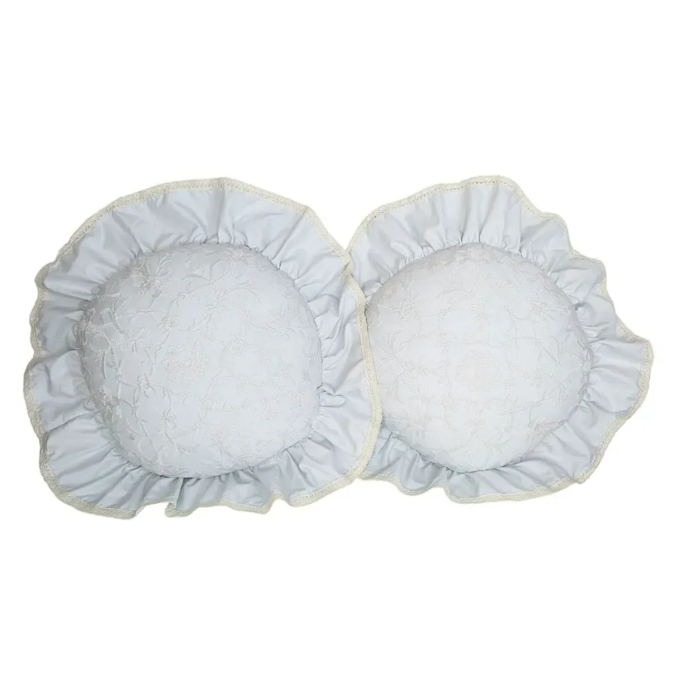 Vintage Cottagecore Shabby Chic Rachel Ashwell Round Throw Pillows Ruffled Blue